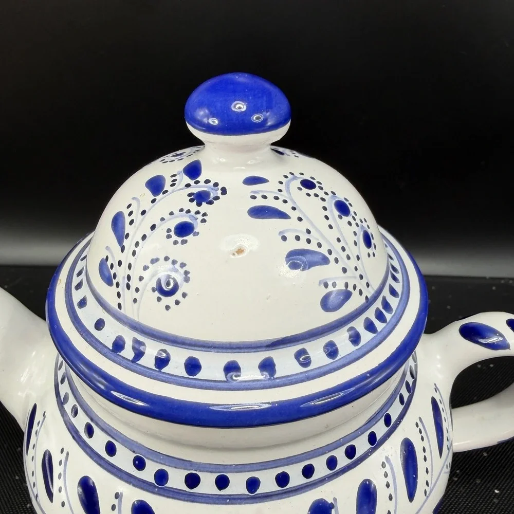 Le Souk Ceramique Teapot Sabrine Blue White Hand Painted Pottery Made in Tunisia